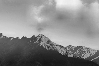 Photograph of mountains in black and white